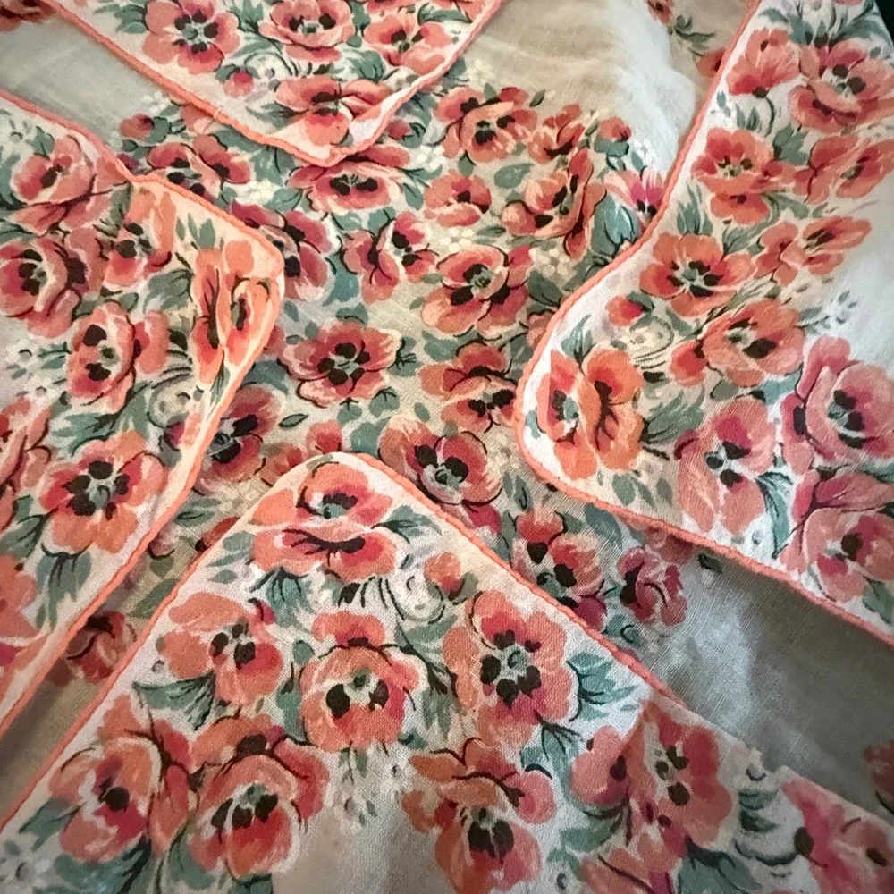 Vintage‎ Floral Handkerchief Set Pink White Lace Embroidered Cotton 3 Piece